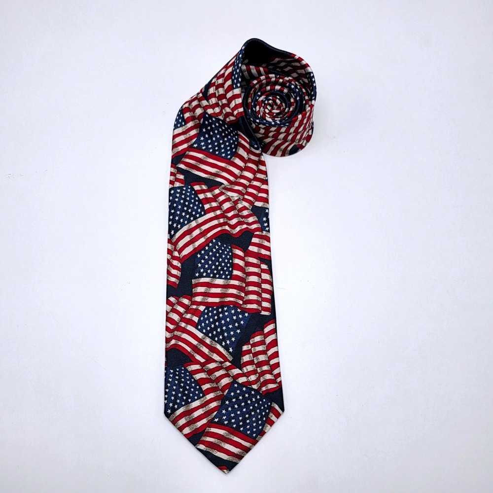 America Mens Red White Blue American Flag Stars‎ and Stripes 100% Silk Necktie